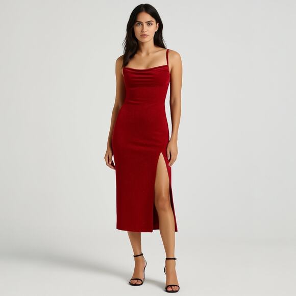 NEW Windsor Red Sleeveless Cowl Neck Glitter Cami Slit Tank Slip Midi Dress S - Picture 1 of 6